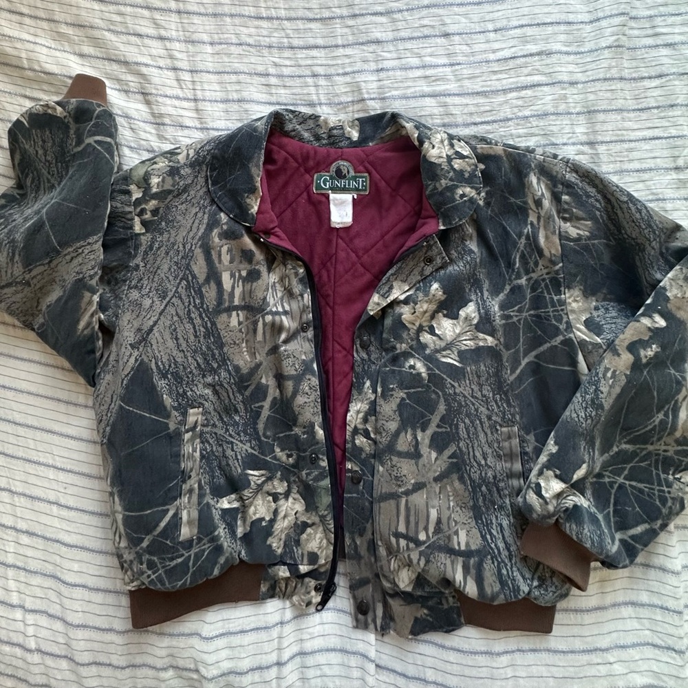 Women's Camo Bomber Jacket with Maroon Quilted Lining Cotton Blend